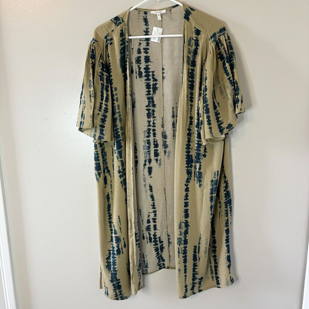 Maurices NEW Long Kimono Tan Blue Flutter Sleeves Boho Womens Sz Large